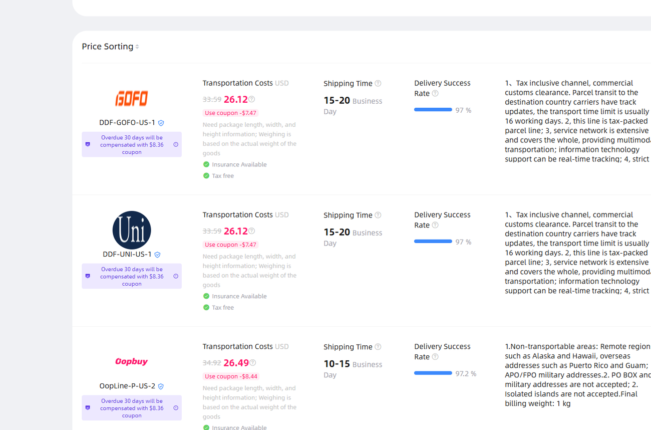The shipping estimator listing lines for a one-kilogram parcel to the US with prices, days and success rates