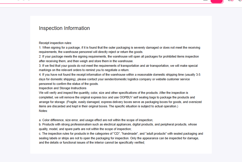 Oopbuy inspection policy explaining what the warehouse checks and excludes
