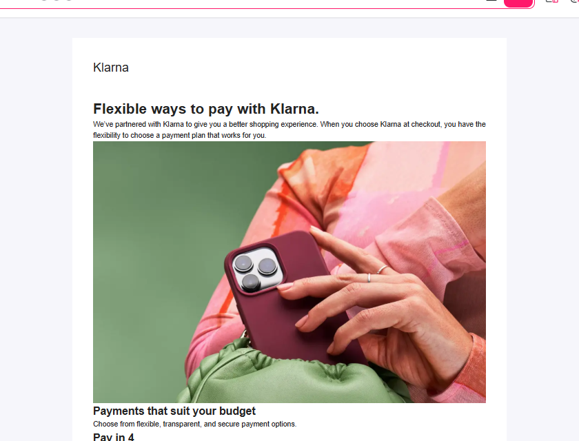 The Klarna page offering pay in four, pay over time and pay in full