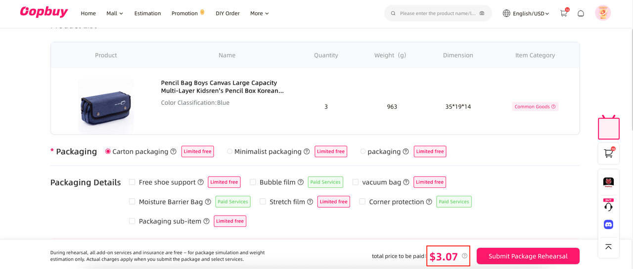 The rehearsal payment step with recipient, packing method, route and the fee