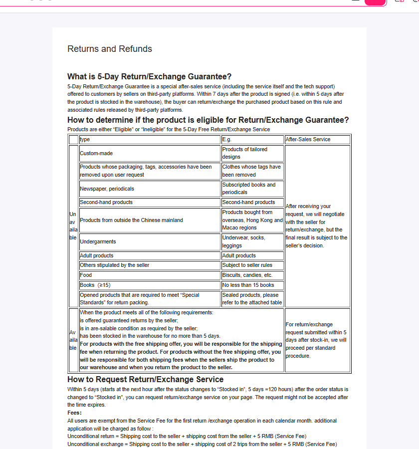 The Returns and Refunds page defining the five-day guarantee as 120 hours
