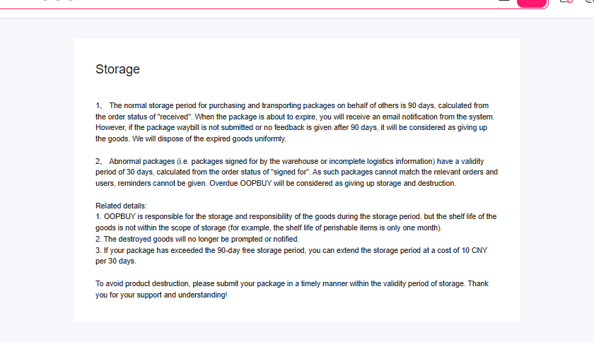 The Storage article stating ninety free days, thirty for abnormal parcels, and ten yuan per extension