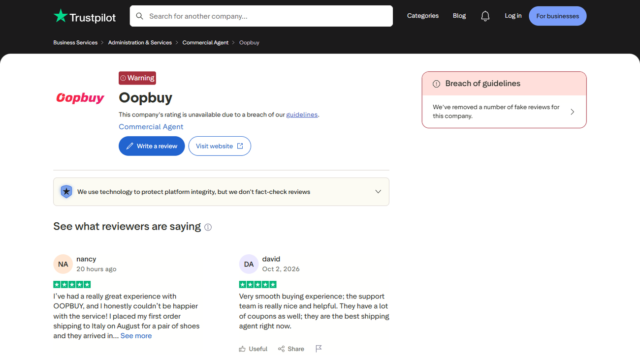 The review-site profile with its guidelines-breach banner above the reviews